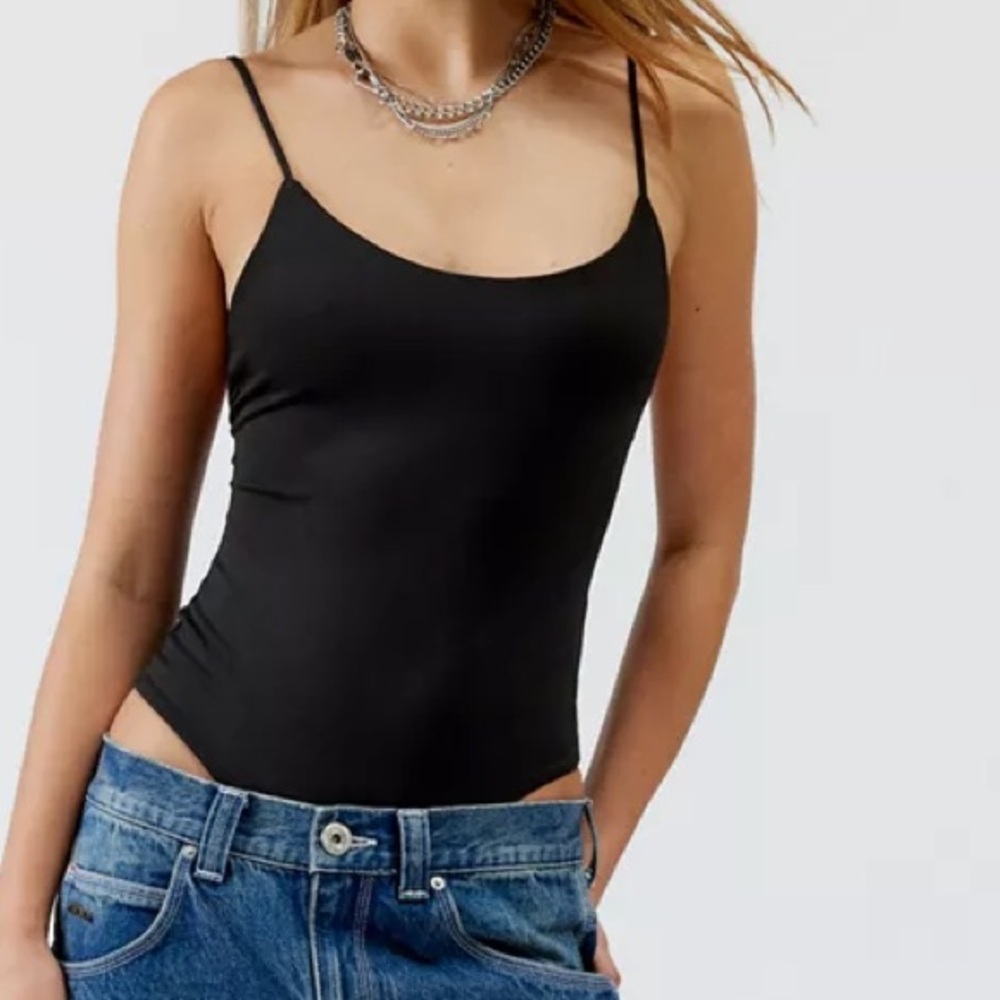Solid Black stretch small spaghetti straps pull on Out From Under Quinn Bodysuit